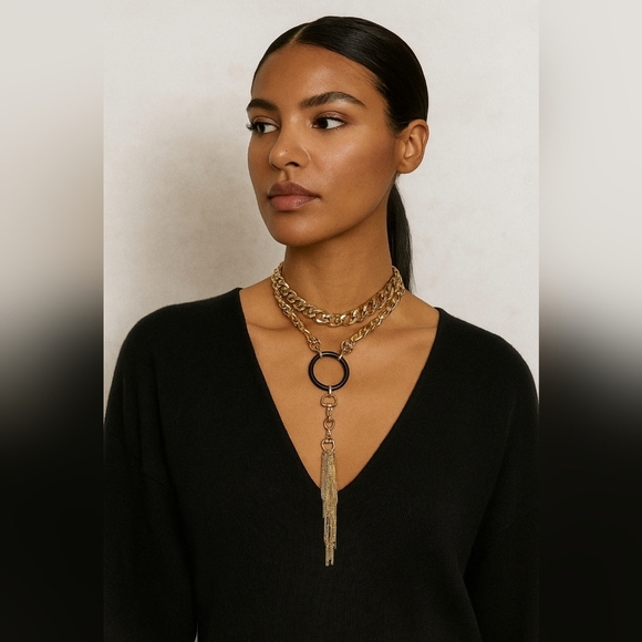 NWT Express Black and Gold Tassel Chain Necklace - Picture 1 of 3